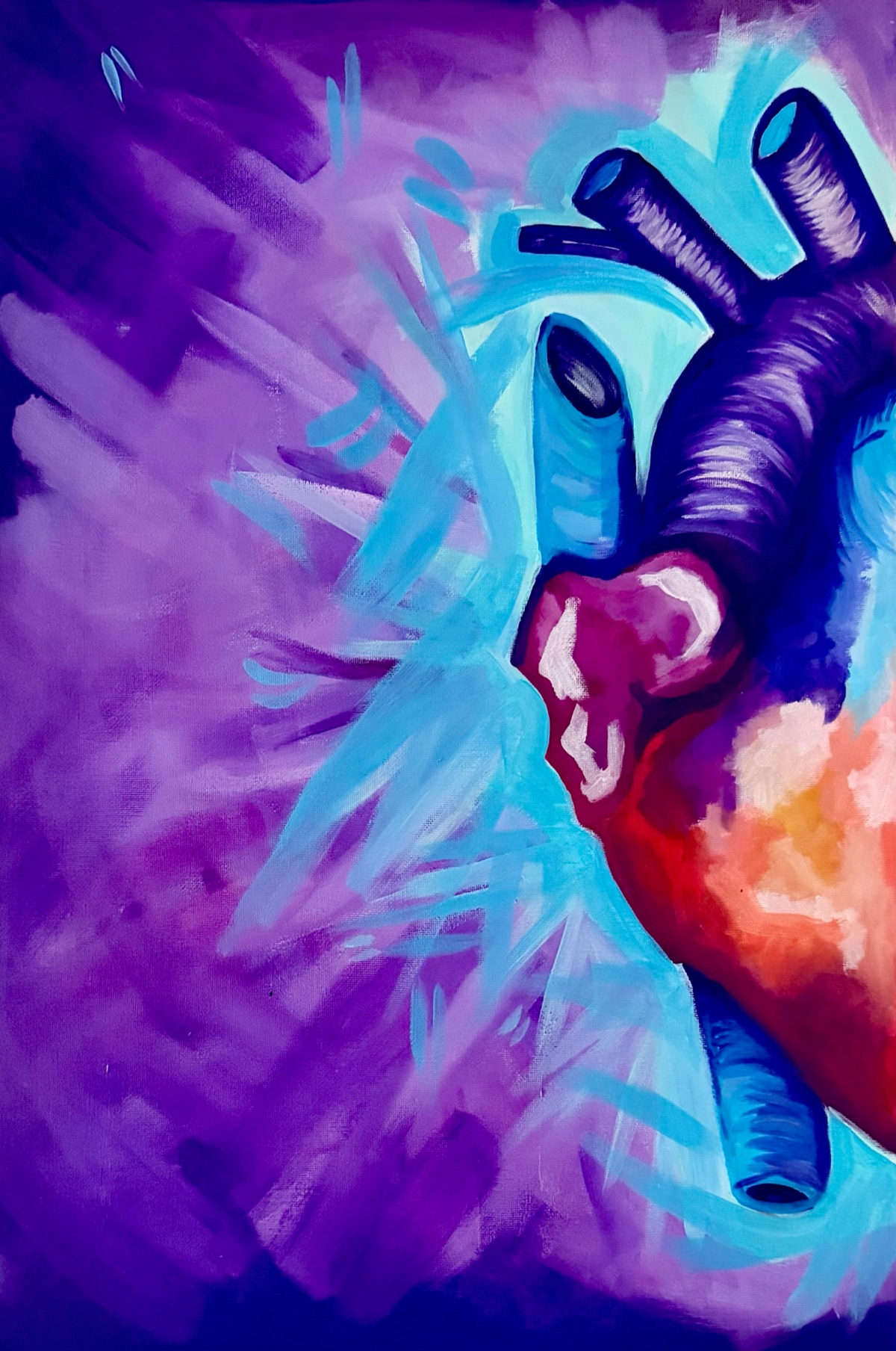 Corazón violeta y rojo que asoma desde la derecha, rodeado de destellos celestes.